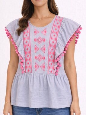 Lilly Pulitzer Embroidered Blouse Pom Trim Flutter Sleeve Blue Pink XS